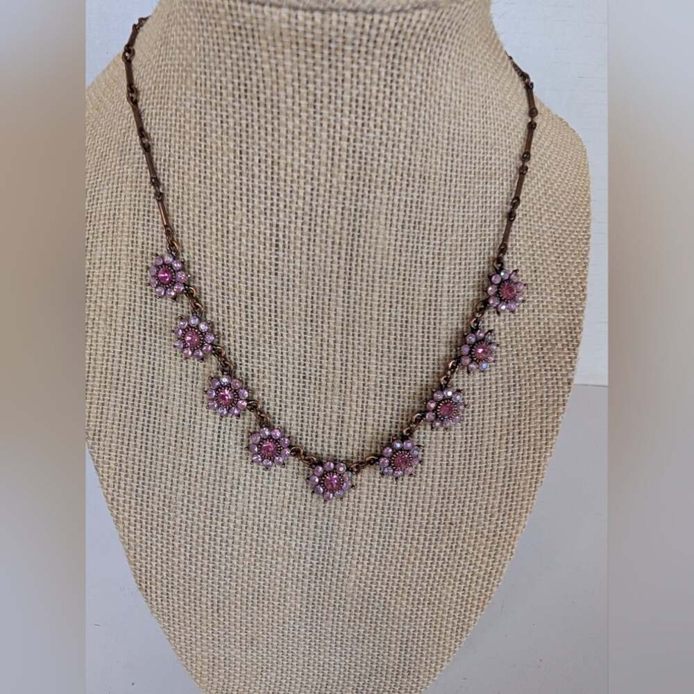 Vintage Necklace Pink Rhinestone Copper Chain Bold Pink Flower